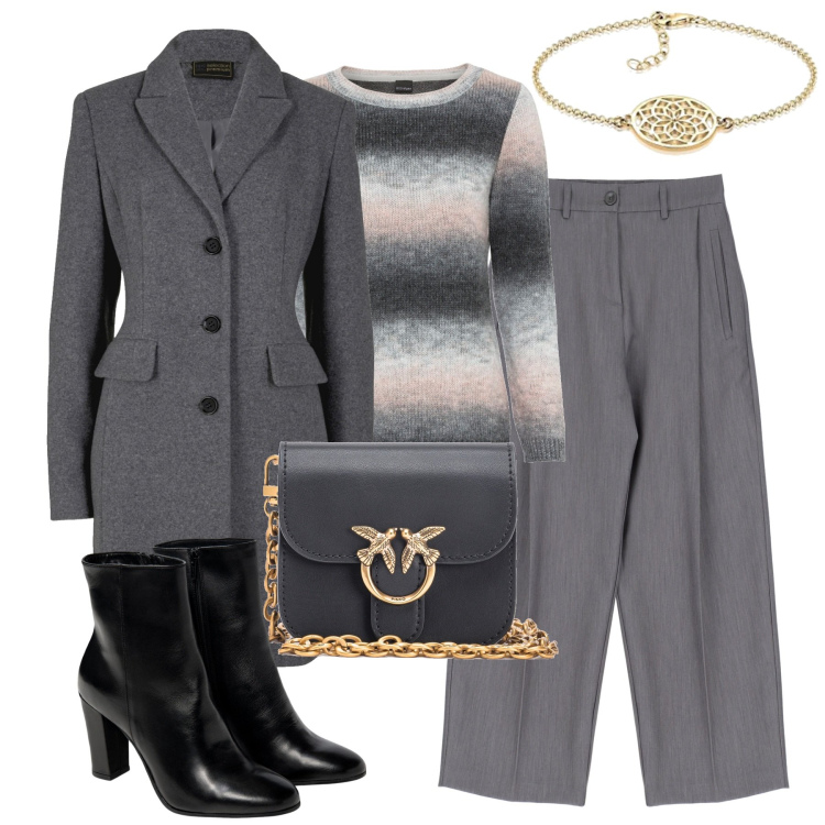 Outfit donna - City. Stile Casual chic per Tutti i giorni. Abbinamento con maglieria, cappotti, borse a tracolla, pantaloni culotte, stivaletti, braccialetti.