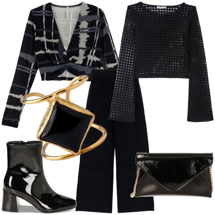 Outfit donna - Serata elegante. Stile Casual chic per Serata fuori. Abbinamento con maglieria, pantaloni a palazzo, maglieria, stivaletti, borse a tracolla, anelli.