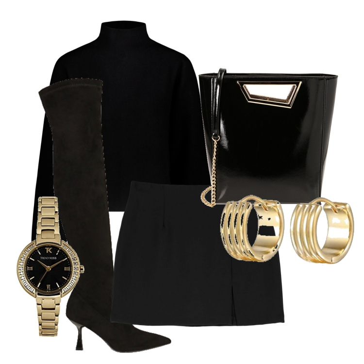Outfit donna - Black. Stile Trendy per Serata fuori. Abbinamento con minigonne, borse a mano, stivali sopra il ginocchio, maglieria, orecchini, orologi.
