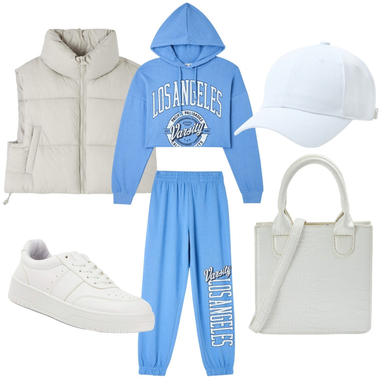 Outfit donna - Cielo sereno. Stile Sporty chic per Tutti i giorni. Abbinamento con cappelli, shopping bag, felpe con cappuccio, sneakers, piumini, pantaloni sportivi.