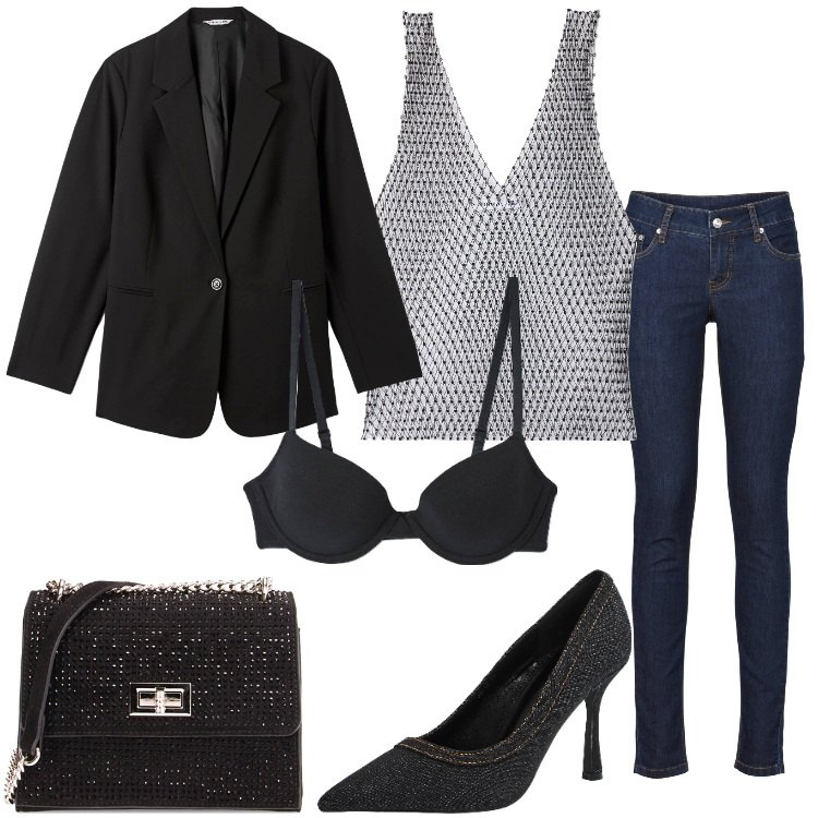 Outfit donna - Serata brillante. Stile Trendy per Serata fuori. Abbinamento con jeans skinny, top, décolleté, reggiseni push-up, blazer, borse a tracolla.