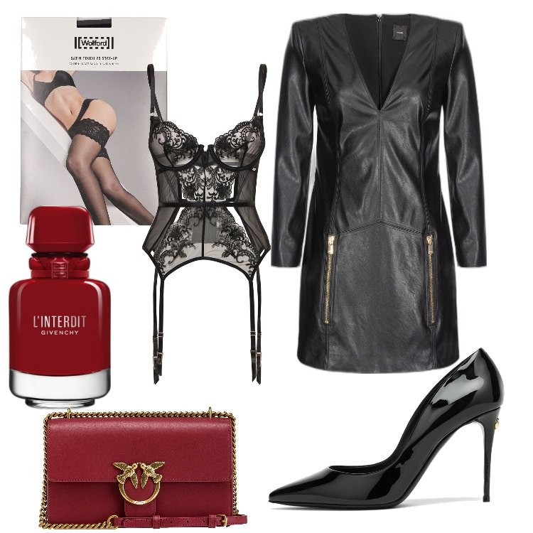 Outfit donna - Sexy. Stile Sexy per Serata fuori. Abbinamento con profumi, vestiti corti, borse a tracolla, cappelli e berretti, décolleté, calzini.