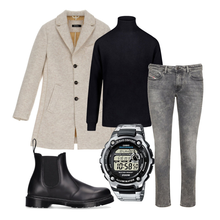 Outfit uomo - Ghost outfitter - gennaio. Stile Trendy per Ufficio. Abbinamento con cappotti, maglieria, jeans skinny, stivali e stivaletti, orologi digitali.