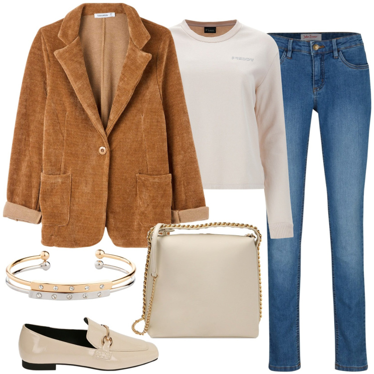 Outfit donna - Colori tenui. Stile Casual per Ufficio. Abbinamento con jeans skinny, braccialetti, cappotti, felpe, borse a mano, mocassini.