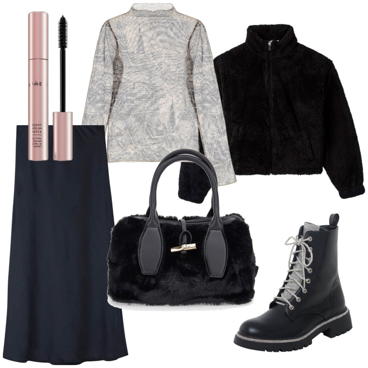 Outfit donna - La gonna lunga. Stile Casual chic per Tutti i giorni. Abbinamento con mascara, gonne lunghe, felpe, anfibi, maglieria, borse a mano.