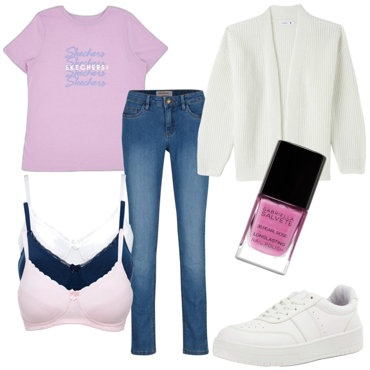 Outfit donna - Total look #1793808. Stile Casual per Tutti i giorni. Abbinamento con jeans skinny, reggiseni, smalti, cardigans, sneakers, t-shirt.