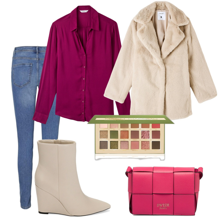 Outfit donna - Total look #1793816. Stile Basic per Tutti i giorni. Abbinamento con ombretti, camicie, ecopellicce, stivaletti, jeans skinny, borse a tracolla.
