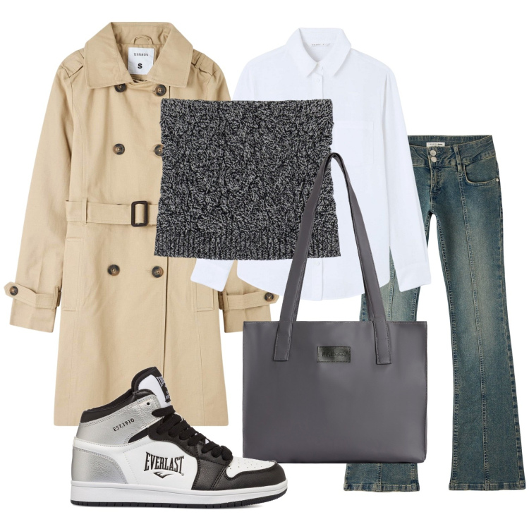Outfit donna - Ghost outfitter - gennaio. Stile Trendy per Tutti i giorni. Abbinamento con trench, jeans a zampa, camicie, top, shopping bag, sneakers alte.