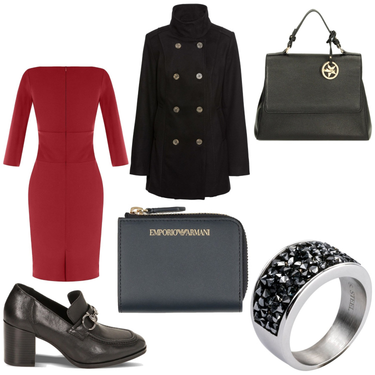 Outfit donna - Mocassino con tacco. Stile Bon Ton per Serata fuori. Abbinamento con anelli, caban, portafogli, vestiti a tubino, mocassini, borse a mano.