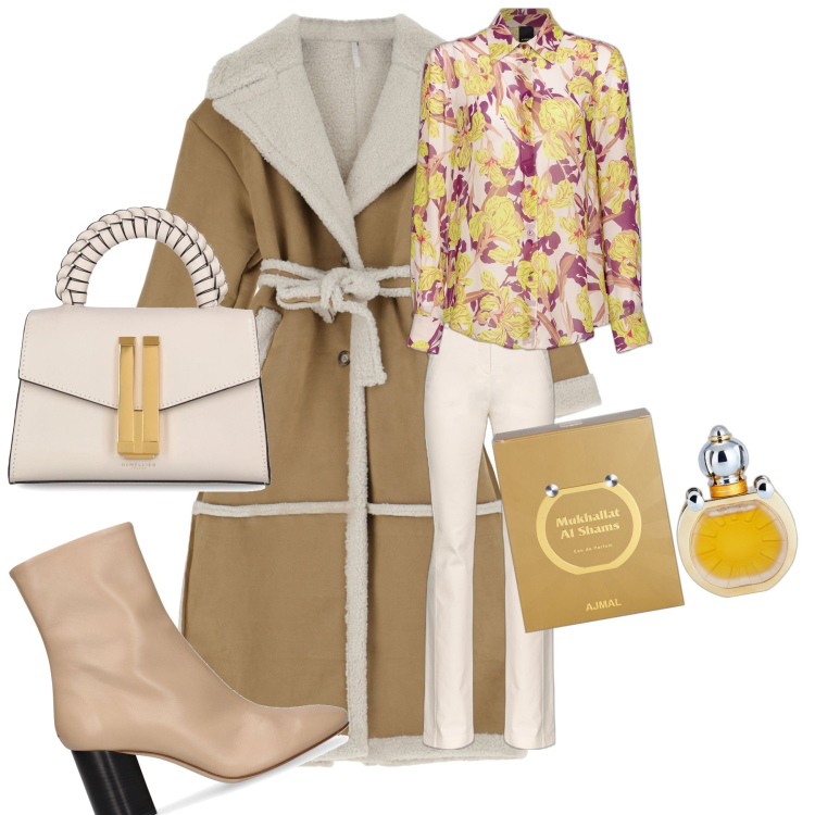 Outfit donna - Un profumo invernale. Stile Boho per Ufficio. Abbinamento con profumi, pantaloni, camicie, cappotti, stivaletti, borse a mano.
