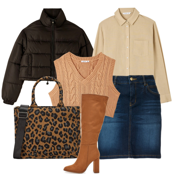 Outfit donna - Inverno. Stile Bon Ton per Ufficio. Abbinamento con gonne, maglieria, camicie, piumini, shopping bag, stivali sopra il ginocchio.