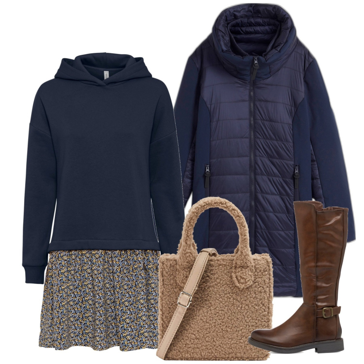 Outfit donna - Inverno. Stile Bon Ton per Ufficio. Abbinamento con vestiti, blazer, shopping bag, stivali sopra il ginocchio.