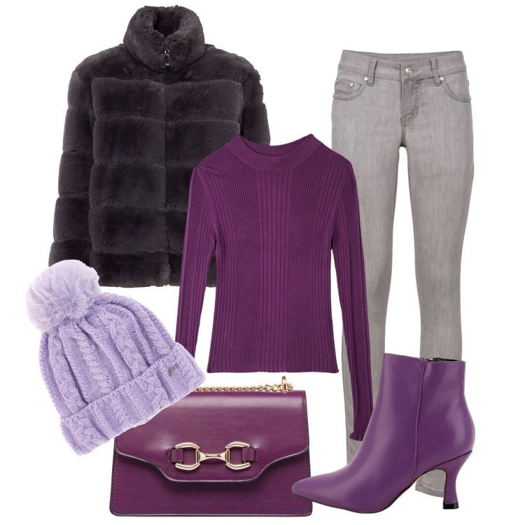 Outfit donna - Inverno. Stile Urban per Tutti i giorni. Abbinamento con jeans skinny, ecopellicce, maglieria, stivaletti, borse a tracolla, berretti.