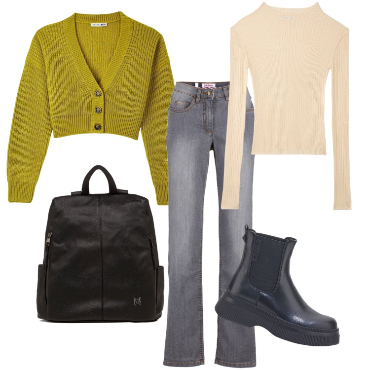 Outfit donna - Il cardigan verde senape. Stile Basic per Tutti i giorni. Abbinamento con jeans dritti, cardigans, t-shirt, zaini, stivaletti.