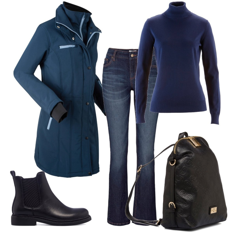 Outfit donna - Tonalità di blu. Stile Basic per Tutti i giorni. Abbinamento con jeans bootcut, maglieria, blazer, stivaletti, zaini.