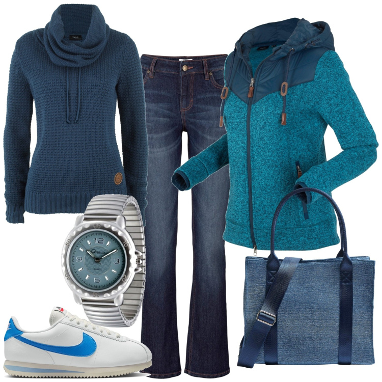 Outfit donna - Passeggiata. Stile Basic per Tutti i giorni. Abbinamento con jeans bootcut, maglieria, blazer, shopping bag, sneakers, orologi.