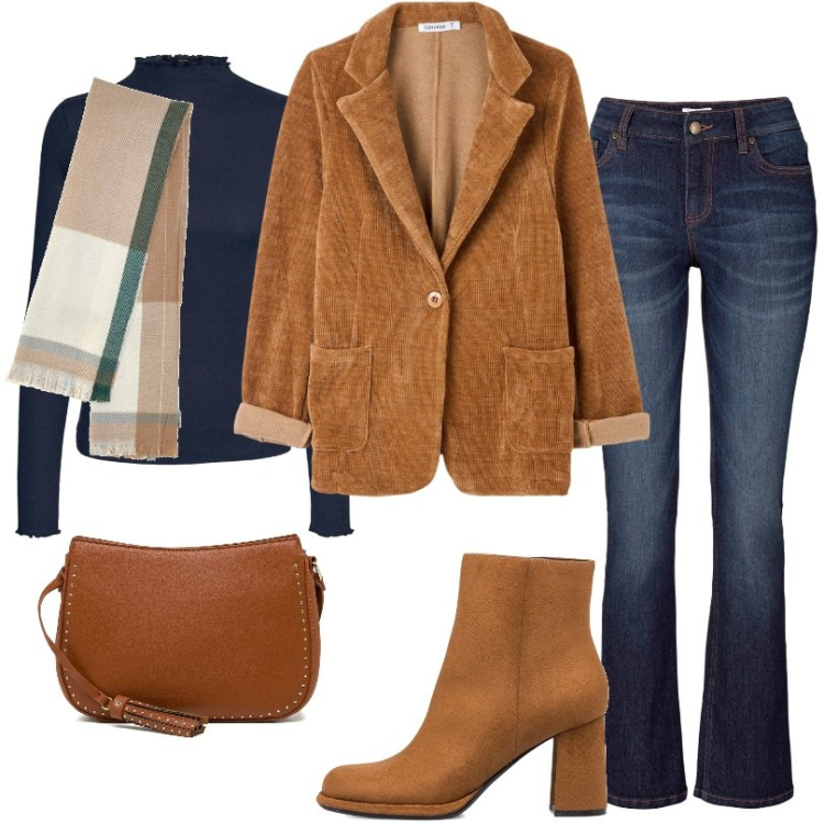 Outfit donna - Total look #1793902. Stile Casual per Ufficio. Abbinamento con jeans bootcut, cappotti, top, borse a tracolla, stivaletti, sciarpe.