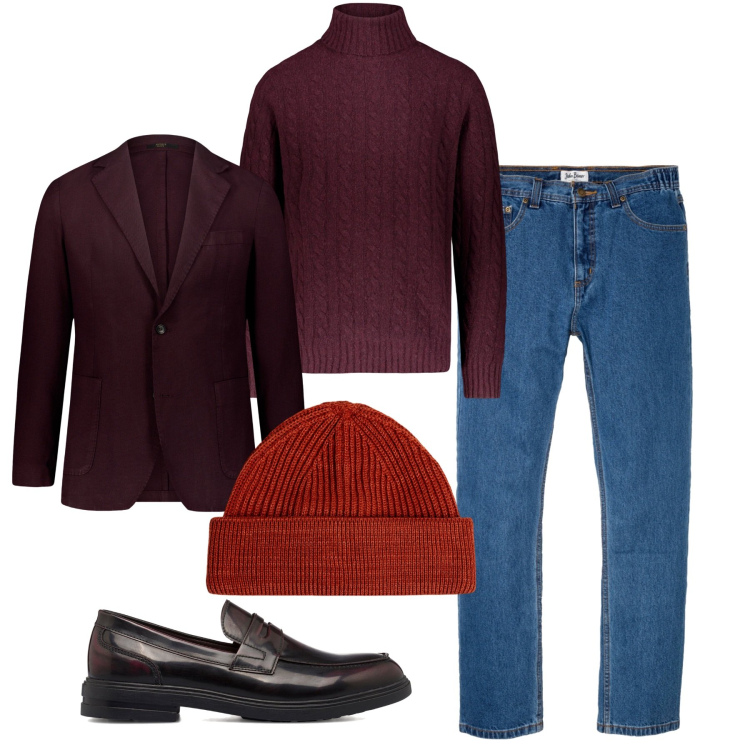 Outfit uomo - Inverno. Stile Casual per Tutti i giorni. Abbinamento con jeans dritti, scarpe stringate, giacche, berretti, maglieria.