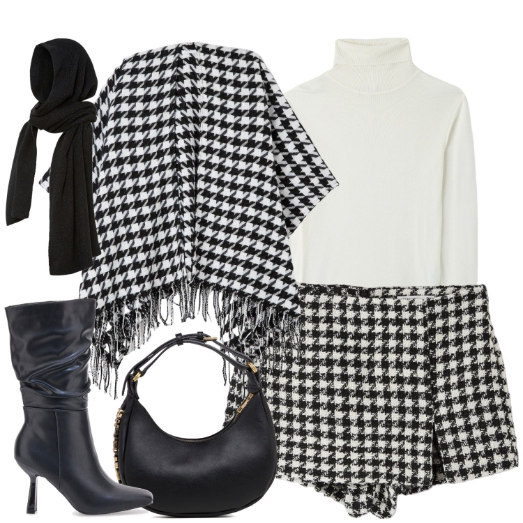 Outfit donna - Pied de poule. Stile Casual chic per Tutti i giorni. Abbinamento con sciarpe, gonne, maglieria, cappe, borse a mano, stivali.