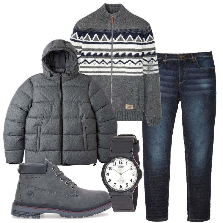 Outfit uomo - Inverno. Stile Urban per Tutti i giorni. Abbinamento con jeans slim fit, cardigans, piumini, stivali e stivaletti, orologi.