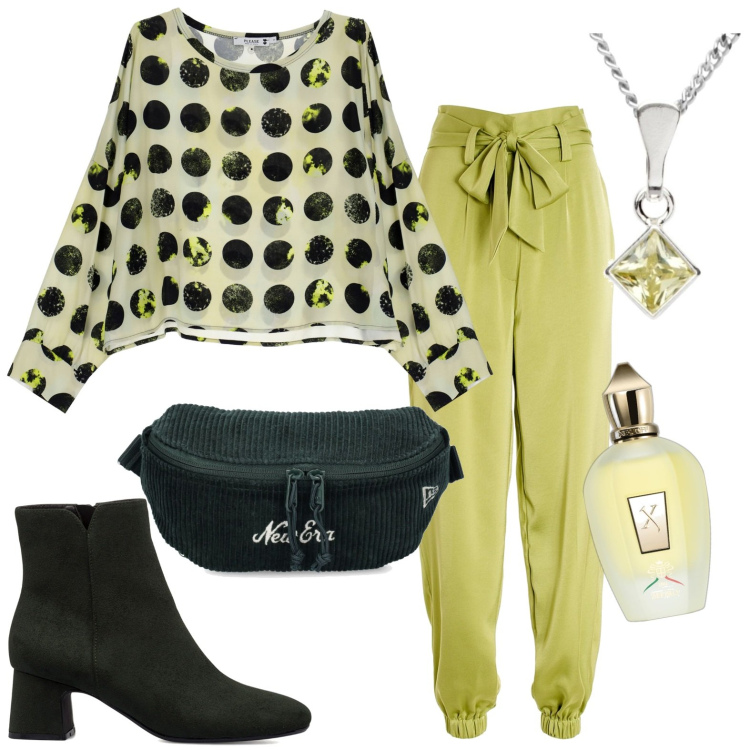 Outfit donna - Total look #1793937. Stile Casual chic per Serata fuori. Abbinamento con profumi, pantaloni, felpe, stivaletti, collane, marsupi.