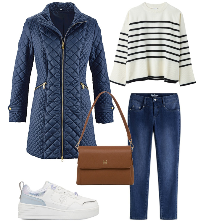 Outfit donna - City. Stile Casual chic per Tutti i giorni. Abbinamento con blazer, jeans slim fit, maglieria, sneakers, borse a tracolla.