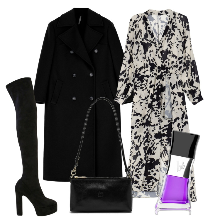 Outfit donna - Ghost outfitter - gennaio. Stile Glamour per Serata fuori. Abbinamento con profumi, cappotti, stivali sopra il ginocchio, vestiti midi/longuette, borse a spalla.