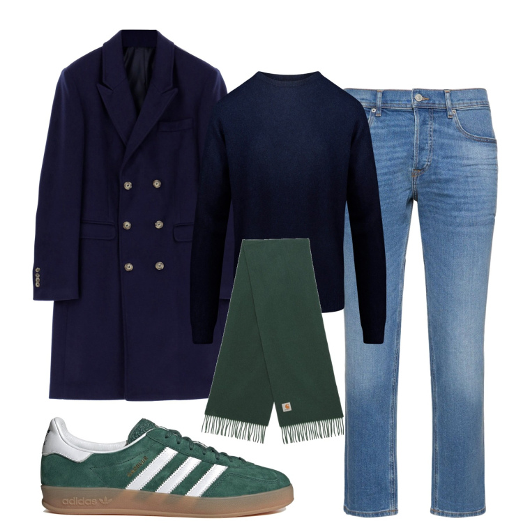 Outfit uomo - Il cappotto elegante sui jeans. Stile Trendy per Tutti i giorni. Abbinamento con cappotti, maglieria, jeans, sciarpe, sneakers.