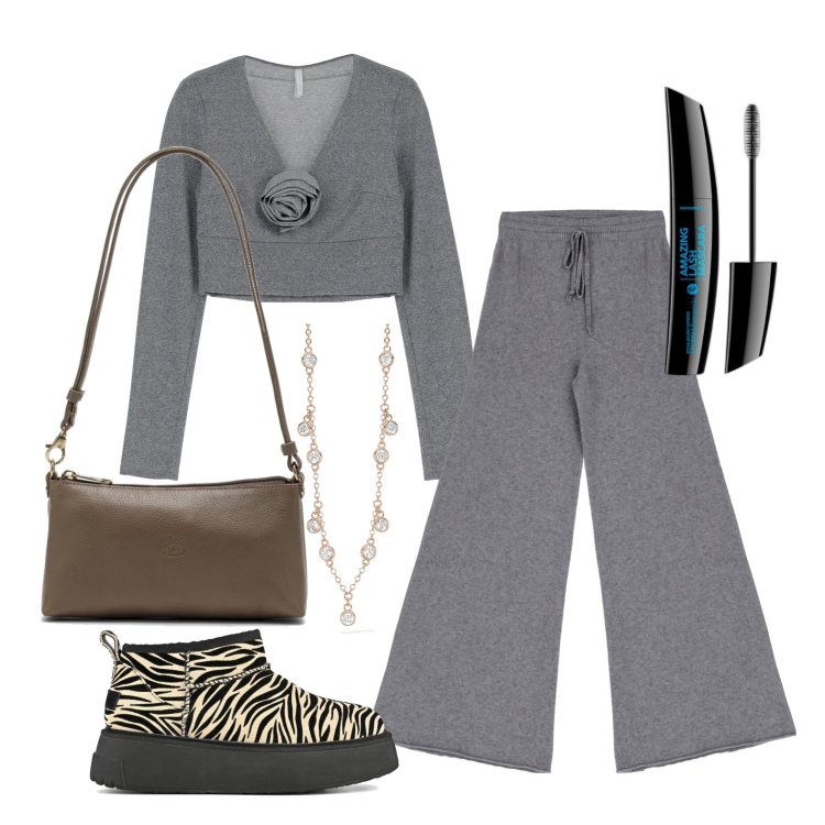 Outfit donna - Ghost outfitter - gennaio. Stile Urban per Tutti i giorni. Abbinamento con mascara, collane, pantaloni a palazzo, maglieria, stivali sopra il ginocchio, borse a spalla.