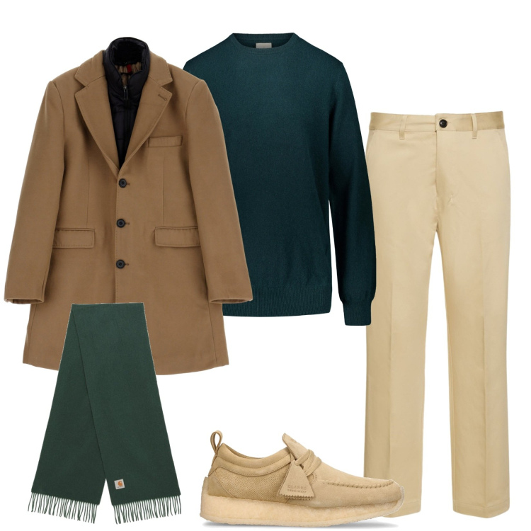 Outfit uomo - Total look #1793998. Stile Trendy per Tutti i giorni. Abbinamento con cappotti, maglieria, scarpe stringate, sciarpe, pantaloni chino.