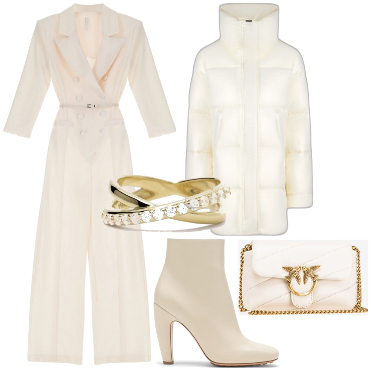 Outfit donna - Beige chiaro per questo gennaio. Stile Chic per Serata fuori. Abbinamento con anelli, borse a tracolla, tute, blazer, stivaletti.