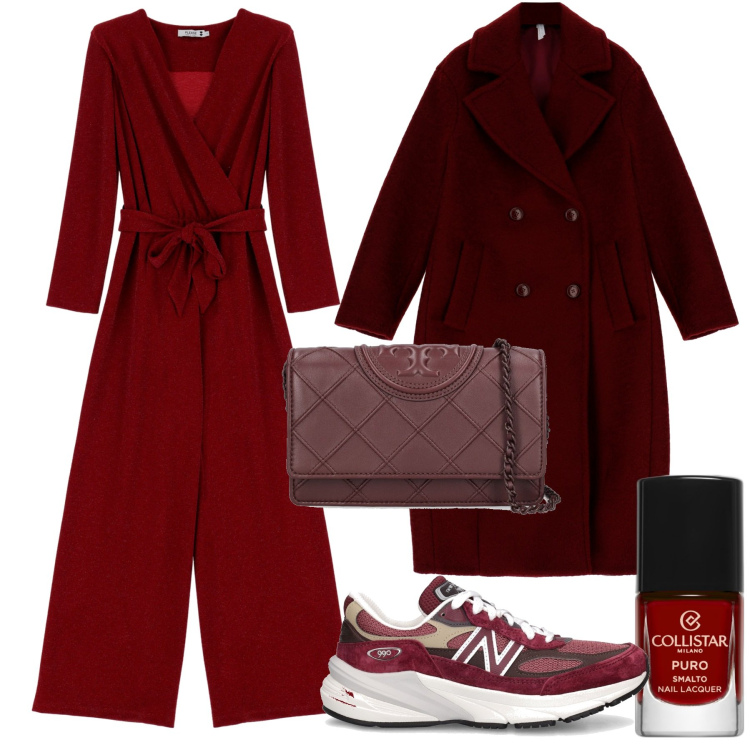 Outfit donna - Sfumature di bordeaux. Stile Chic per Tutti i giorni. Abbinamento con smalti, tute, cappotti, sneakers alte, borse a spalla.