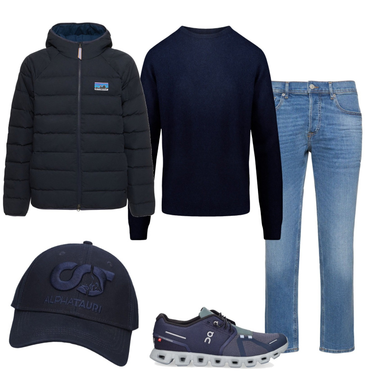 Outfit uomo - Casual in blu scuro. Stile Casual per Tutti i giorni. Abbinamento con maglieria, sneakers, jeans, piumini, cappelli.