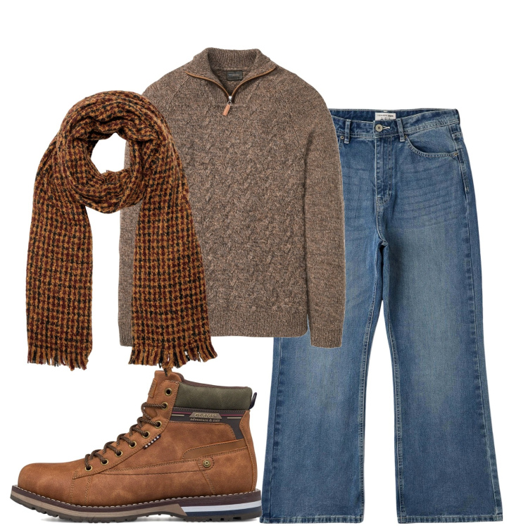 Outfit uomo - Total look #1794024. Stile Casual per Tutti i giorni. Abbinamento con maglieria, jeans bootcut, stivali e stivaletti, sciarpe.