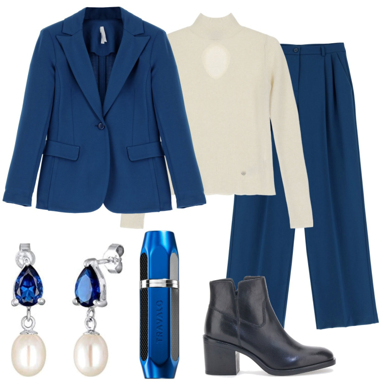 Outfit donna - Nel blu. Stile Chic per Serata fuori. Abbinamento con profumi, maglieria, pantaloni a palazzo, cappotti, stivaletti, orecchini.