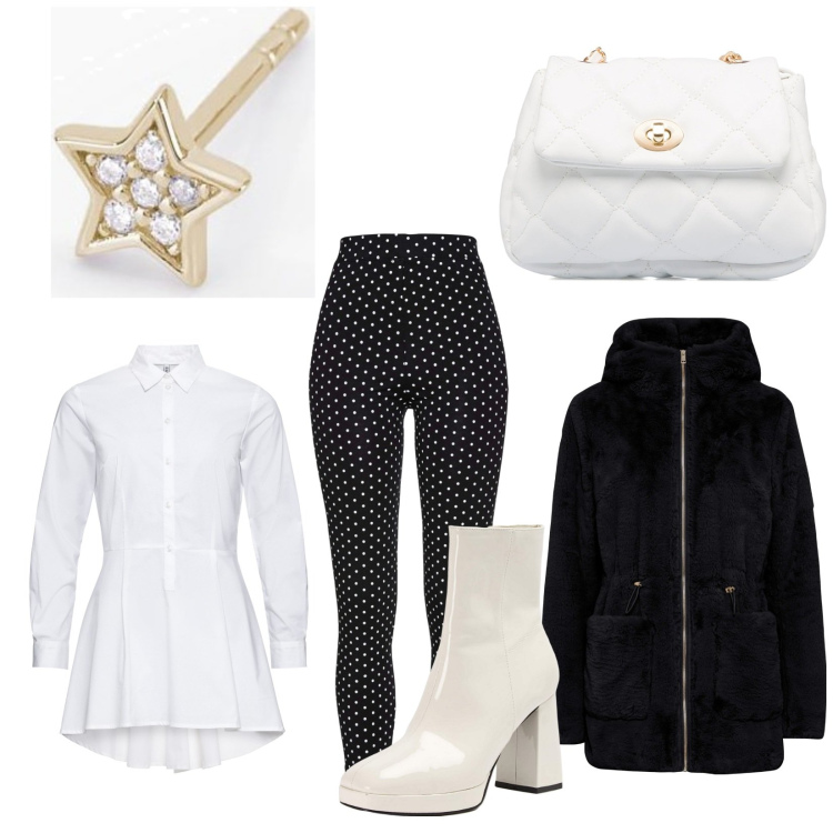 Outfit donna - Rientro al lavoro. Stile Casual chic per Ufficio. Abbinamento con camicie, ecopellicce, leggings, stivaletti, orecchini, borse a tracolla.