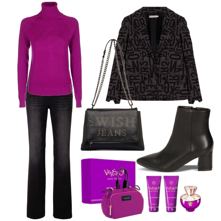 Outfit donna - Stampe. Stile Casual per Tutti i giorni. Abbinamento con jeans bootcut, profumi, maglieria, giacche, stivaletti, borse a tracolla.