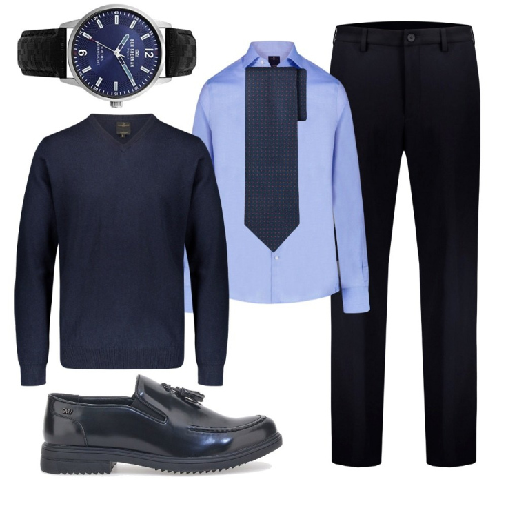 Outfit uomo - Ufficio blu 2024. Stile Business/Elegante per Ufficio. Abbinamento con camicie, pantaloni, maglieria, scarpe stringate, orologi analogici, cravatte.