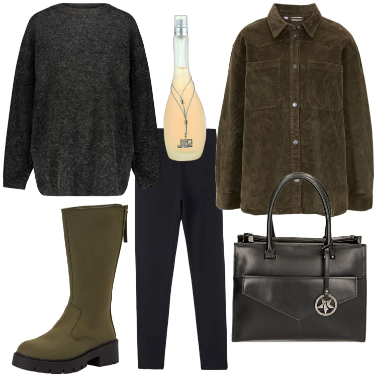 Outfit donna - Total look #1794125. Stile Urban per Tutti i giorni. Abbinamento con blazer, profumi, stivaletti, leggings, borse a mano, maglieria.