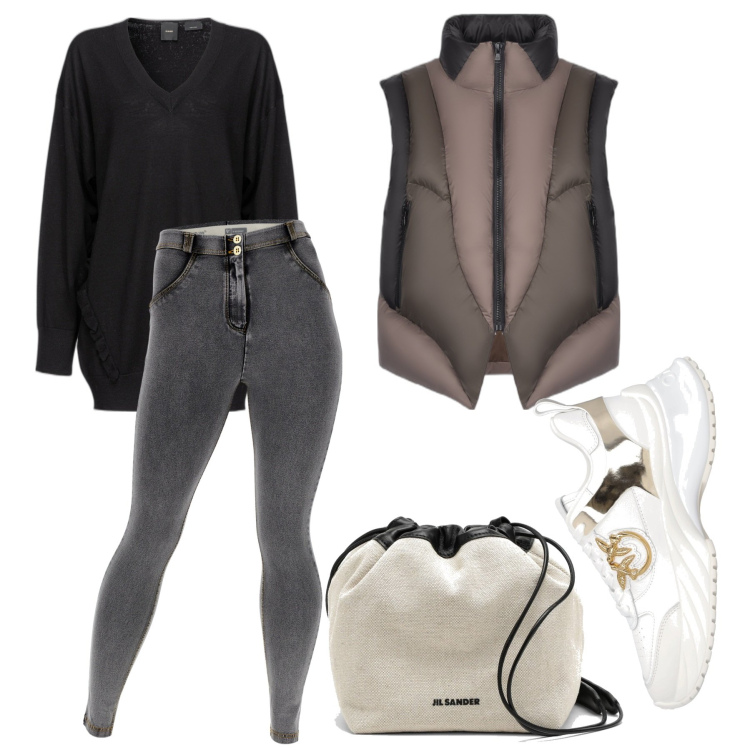 Outfit donna - Fashionista. Stile Trendy per Tutti i giorni. Abbinamento con sneakers, maglieria, jeggings, piumini, borse a secchiello.