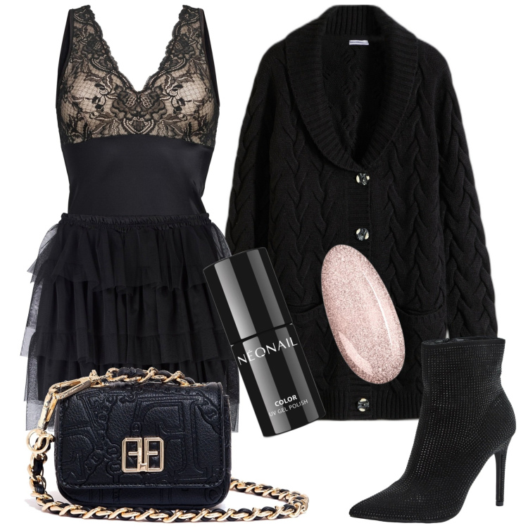 Outfit donna - Serata fuori. Stile Casual chic per Serata fuori. Abbinamento con cardigans, top, minigonne, stivaletti, smalti, marsupi.