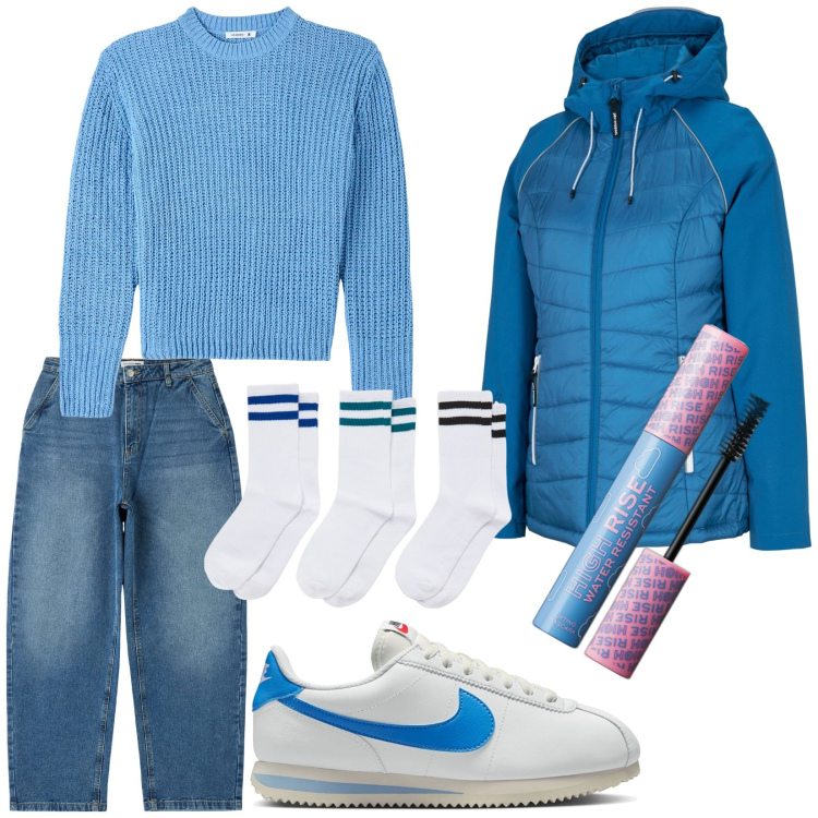 Outfit donna - Total look #1794144. Stile Urban per Tutti i giorni. Abbinamento con blazer, mascara, maglieria, jeans, calzini, sneakers.