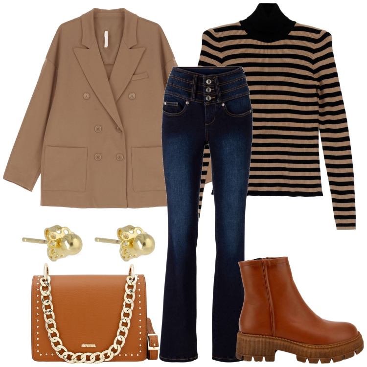 Outfit donna - City. Stile Casual chic per Tutti i giorni. Abbinamento con jeans bootcut, maglieria, stivaletti, blazer, pochette, orecchini.