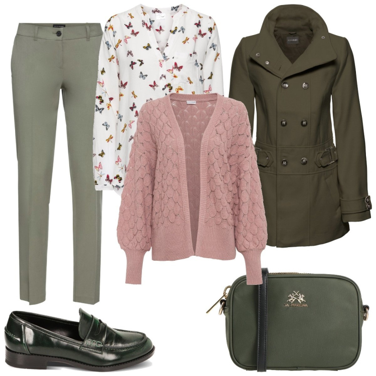 Outfit donna - Verde e rosa in saldo. Stile Romantica per Tutti i giorni. Abbinamento con cardigans, bluse, pantaloni, cappotti, borse a tracolla, mocassini.
