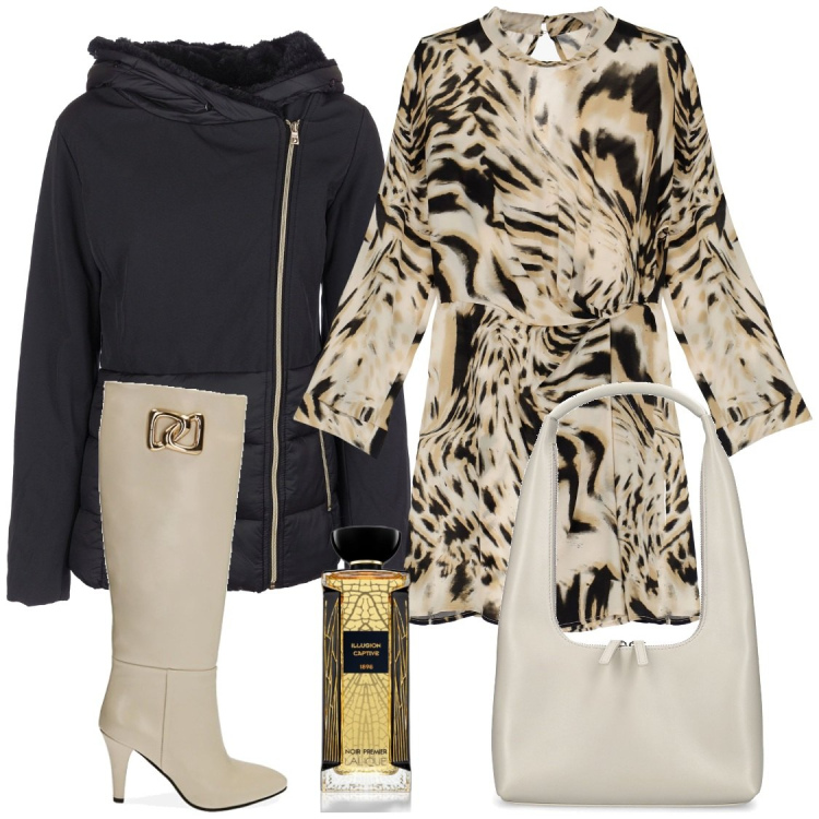 Outfit donna - Saldi al 50%. Stile Chic per Serata fuori. Abbinamento con profumi, piumini, vestiti corti, stivali, borse a spalla.