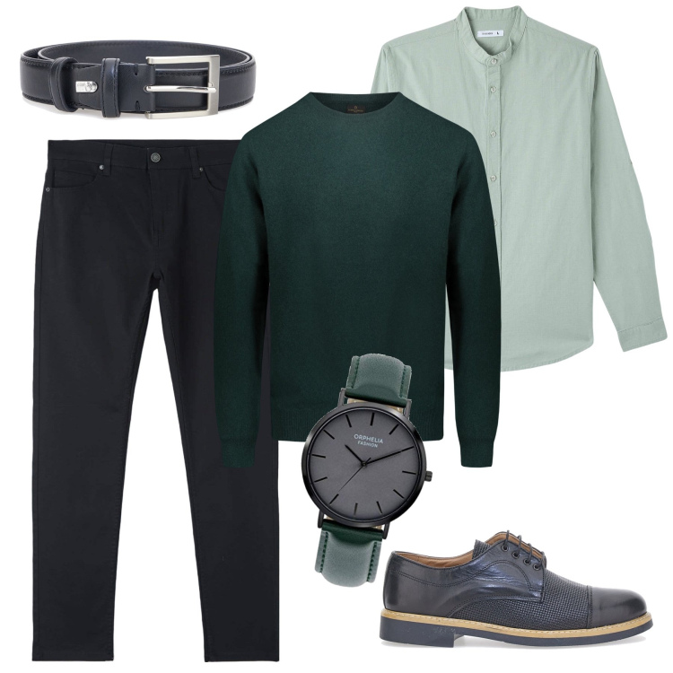 Outfit uomo - Tonalità di verde. Stile Casual per Tutti i giorni. Abbinamento con camicie, pantaloni skinny, maglieria, orologi analogici, scarpe stringate, cinture.