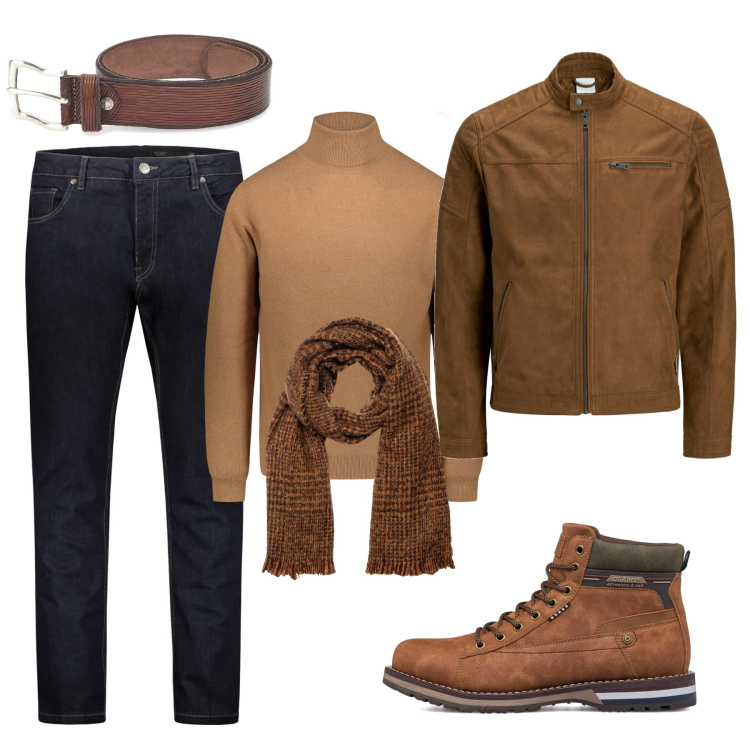 Outfit uomo - Casual trendy. Stile Casual per Tutti i giorni. Abbinamento con sciarpe, jeans, maglieria, cappotti, stivali e stivaletti, cinture.