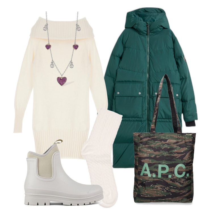 Outfit donna - Ghost outfitter - gennaio. Stile Trendy per Tutti i giorni. Abbinamento con piumini, collane, vestiti corti, stivali, shopping bag, calzini.