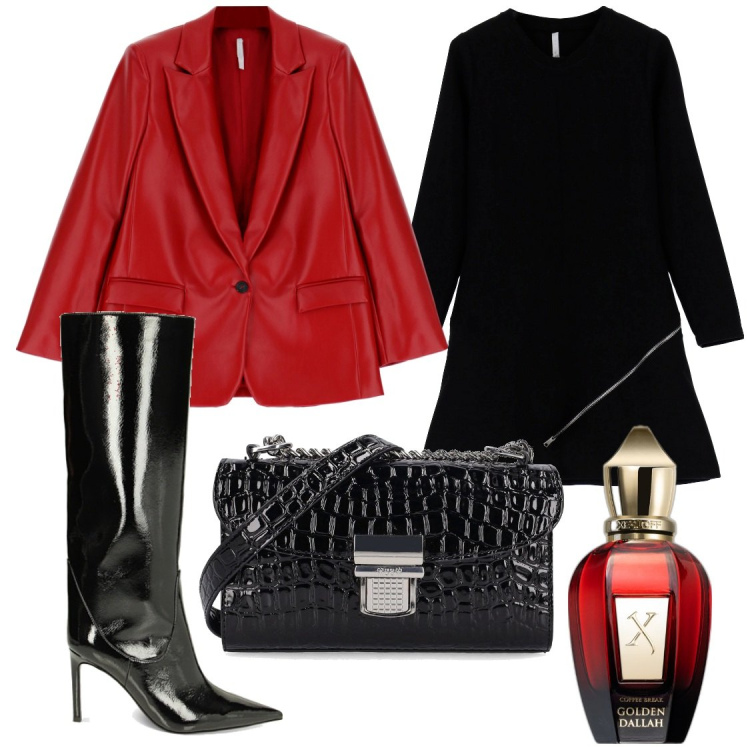 Outfit donna - Très jolie. Stile Chic per Serata fuori. Abbinamento con profumi, vestiti corti, cappotti, stivali sopra il ginocchio, borse a spalla.