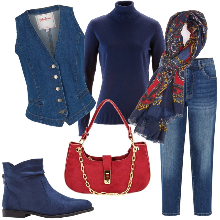 Outfit donna - Total look #1794274. Stile Casual per Tutti i giorni. Abbinamento con gilet, maglieria, stivaletti, jeans mom, borse a spalla, sciarpe.